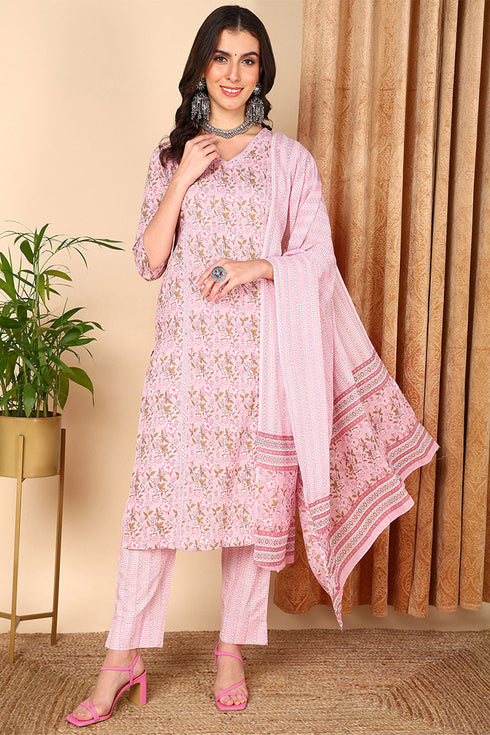Plus Size Pink Pure Cotton Floral Printed Straight Suit Set